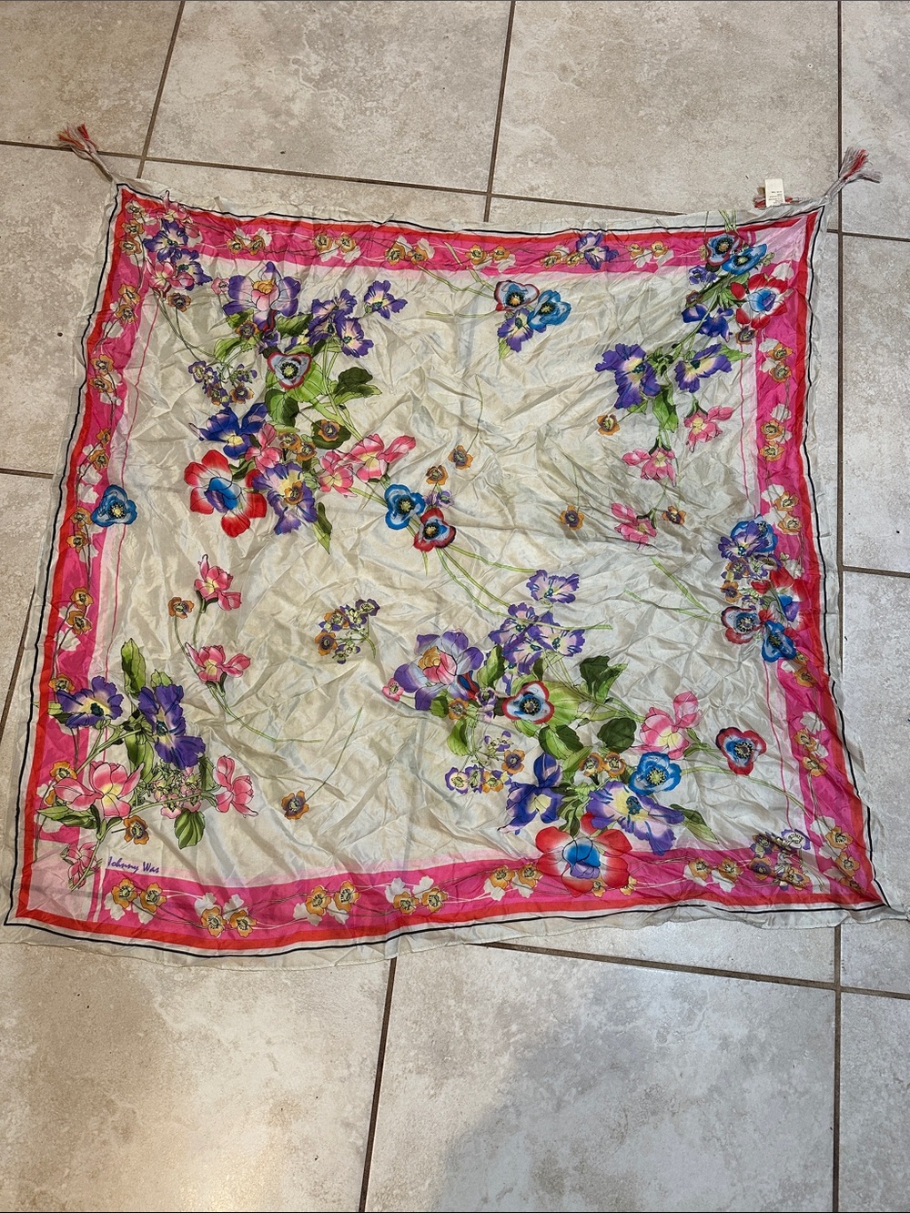 Johnny Was Large Boho Floral Silk Scarf Shawl with Tassels - Picture 6 of 7
